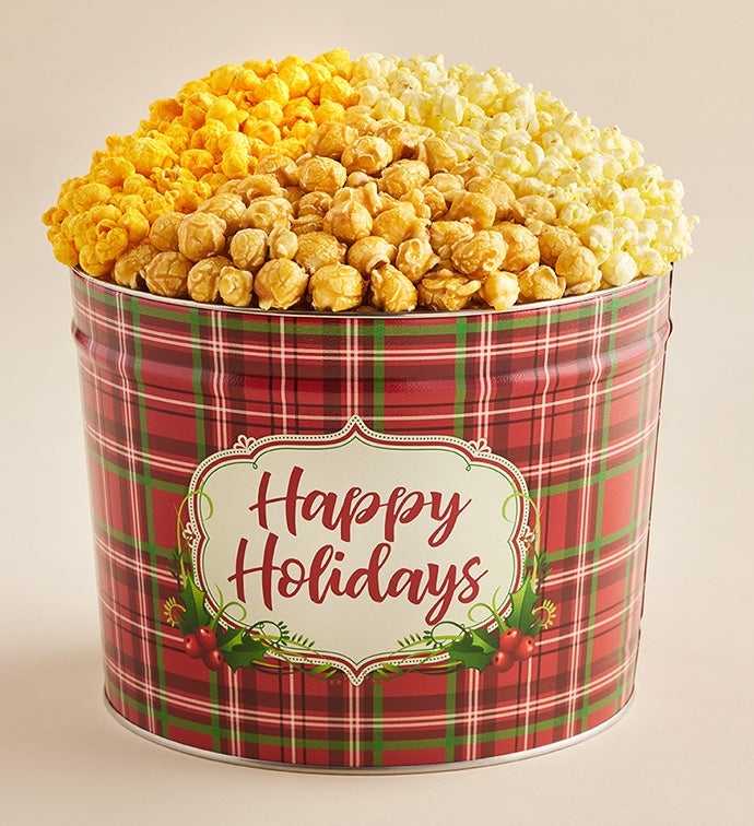 2 Gallon Holly Plaid Happy Holidays 3 Flavor Popcorn Tin